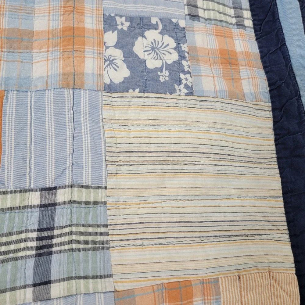 Nautica Twin Patchwork Quilt Navy Blue Orange 100% Cotton Bedcover Quilted Plaid